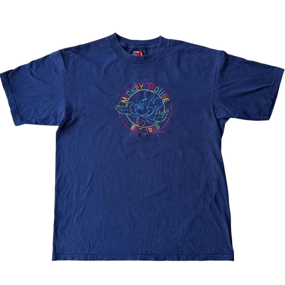 Vintage Mickey Mouse Embroidered T Shirt Navy Blue Velva Sheen Disney 90s XL